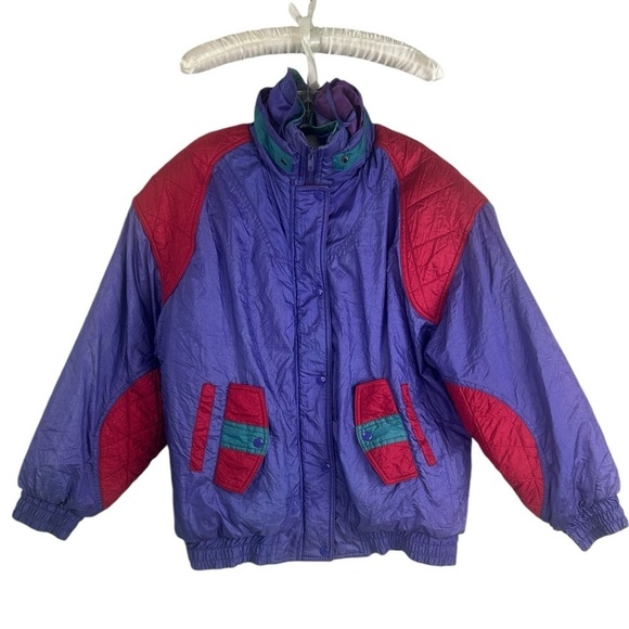 American High Y2K Women Medium Purple Red Nylon Retro Bomber 90s Jacket READ - Picture 2 of 12